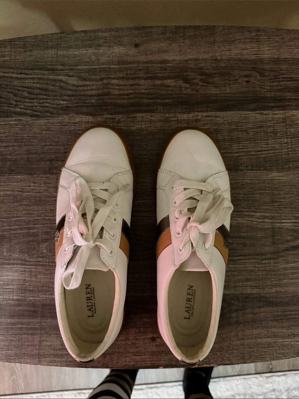 Lauren Ralph Lauren White Leather Sneakers with Brown & Black Accent Stripes